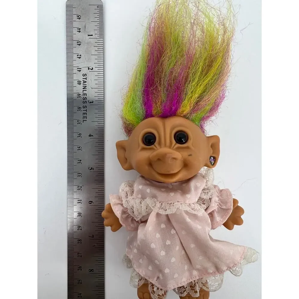 Vintage Bright of America Lucky Troll Doll Pink Dress Rainbow Hair Brown Eyes